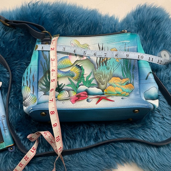 Anuschka Mermaid Design Blue Adjustable Crossbody Purse and Wallet Set - Picture 3 of 9